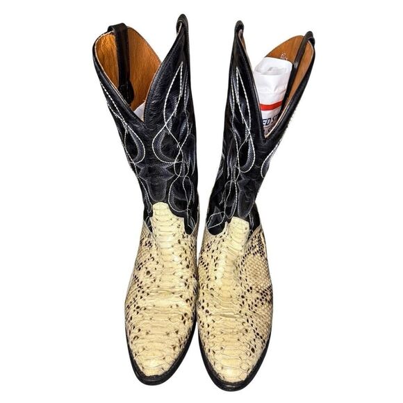 Dan Post DP3036 Pull-On Leather Boots Natural B/C Python Black/White Men's 10 D - Picture 3 of 10